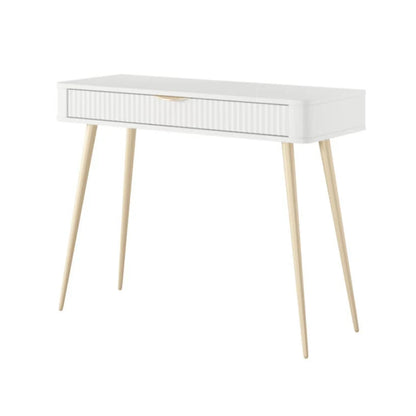 White desk with light wood legs on a white background