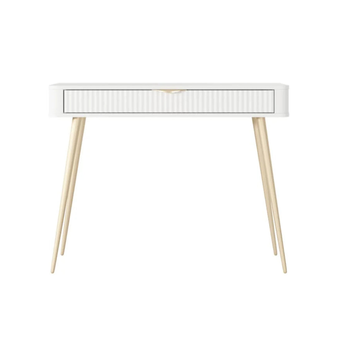White console table with wooden legs on a white background