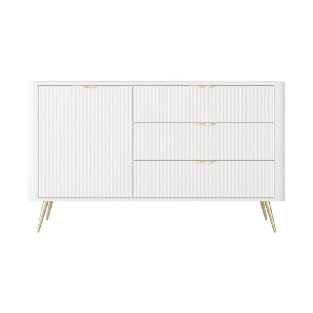 White sideboard with wooden legs on a white background