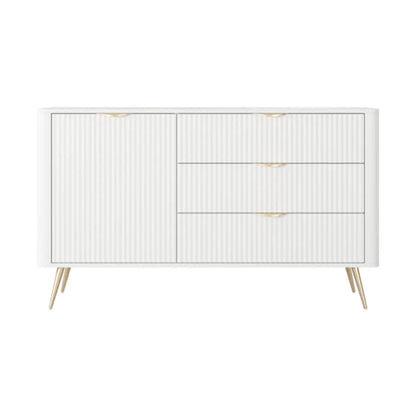 White sideboard with wooden legs on a white background