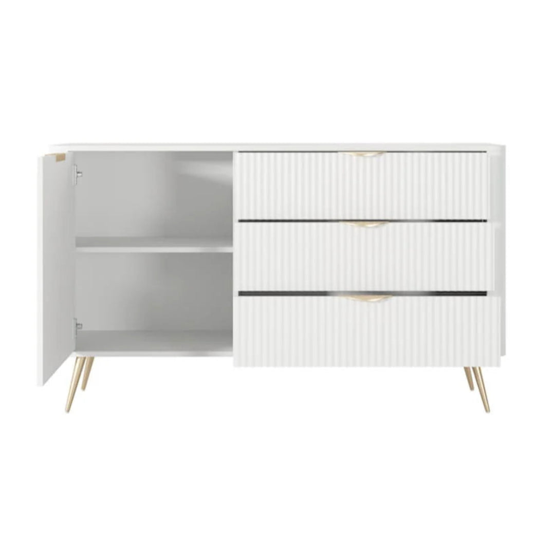 White sideboard with open cabinet and closed doors on a white background