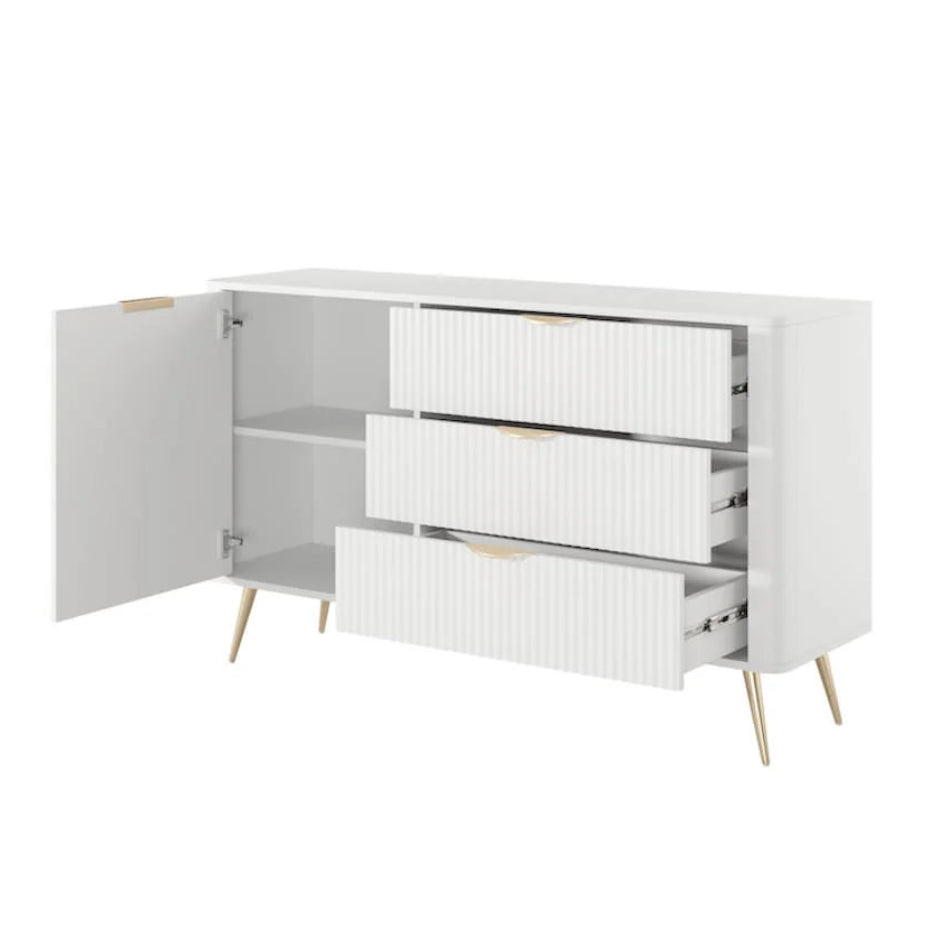 White cabinet with open door on a white background