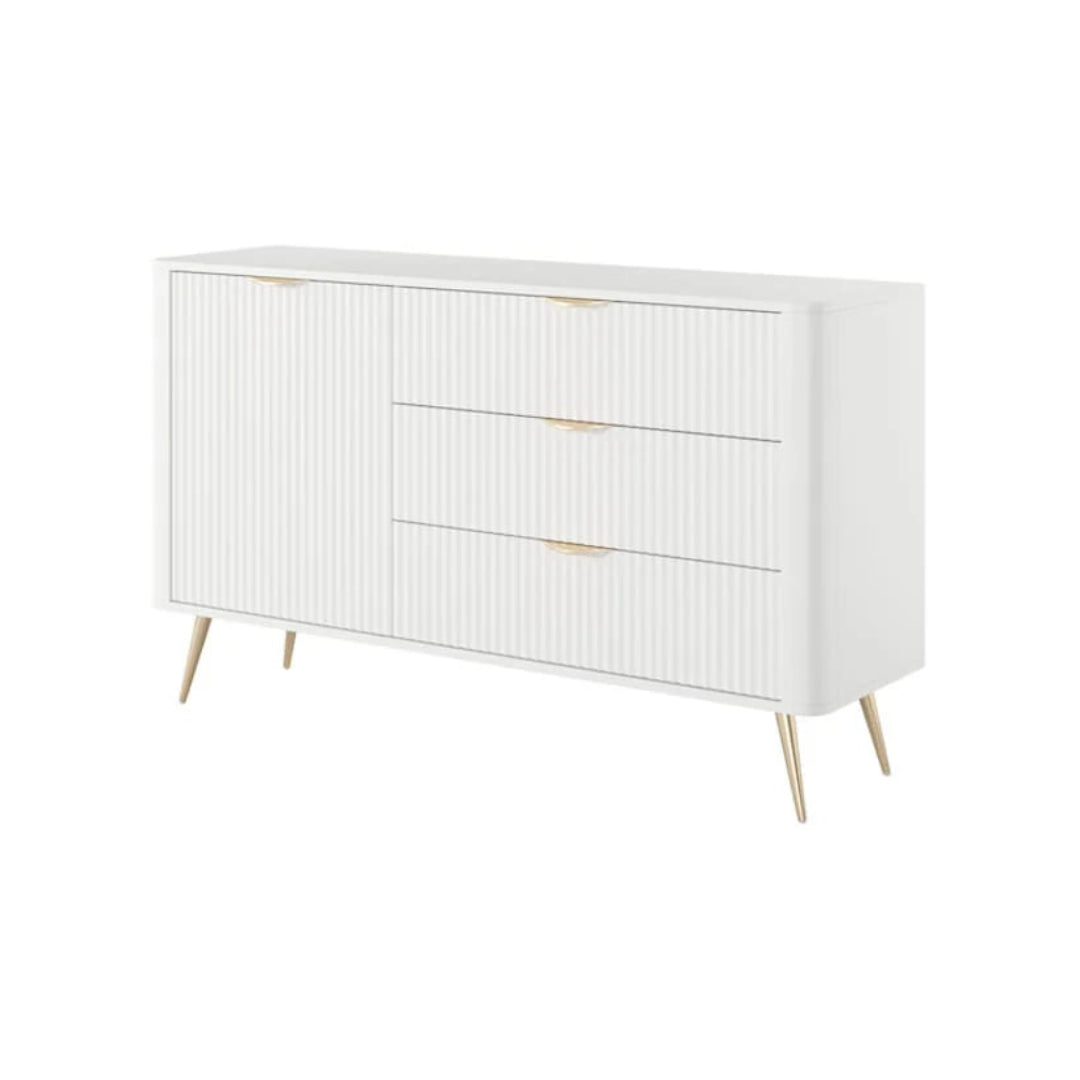 White dresser with gold accents on a white background