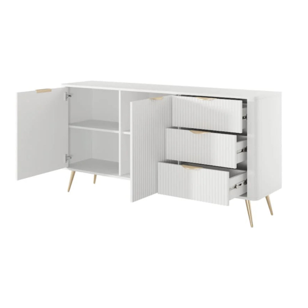 White sideboard with open doors and drawers on a white background