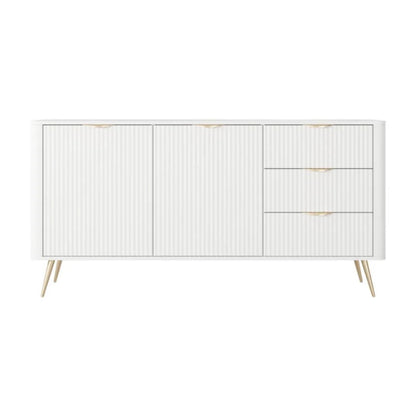 White sideboard with wooden legs on a white background