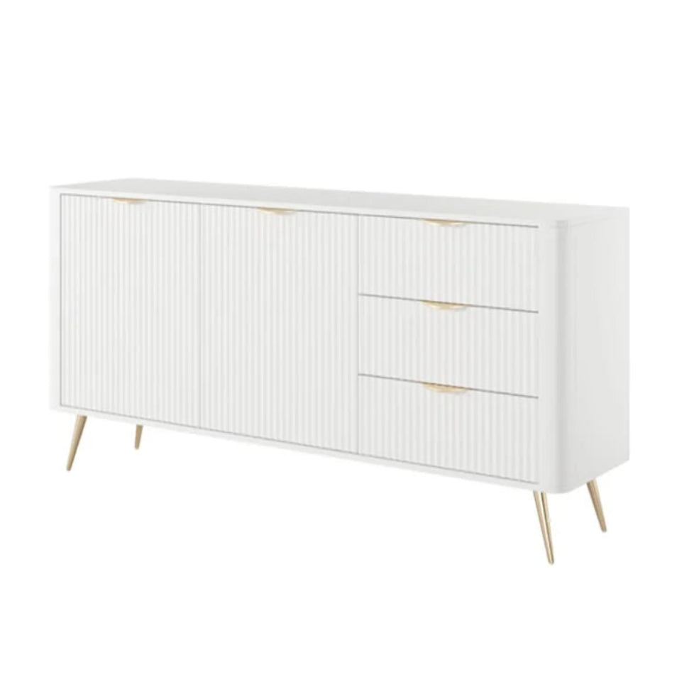 White dresser with gold accents on a white background