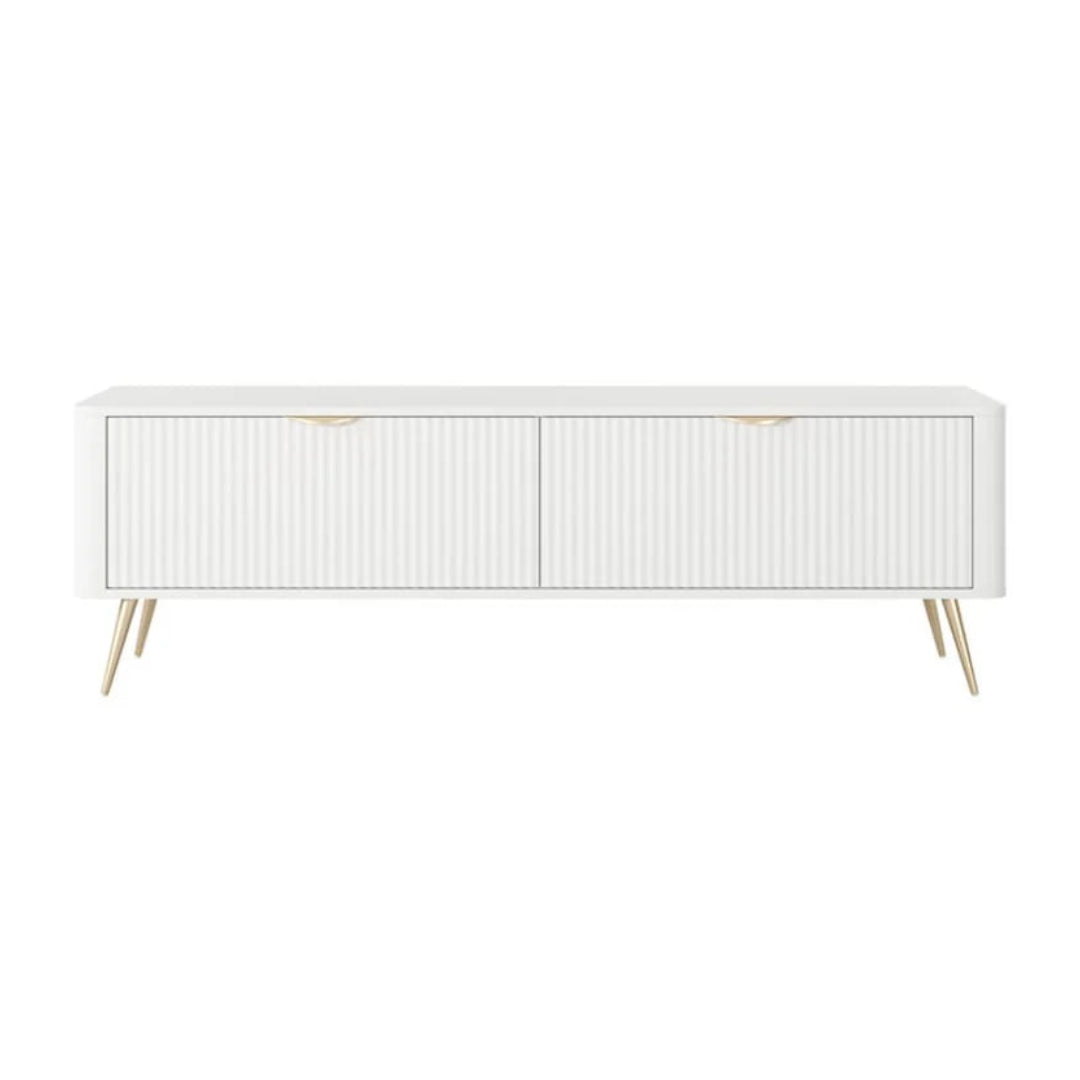 White sideboard with wooden legs on a white background