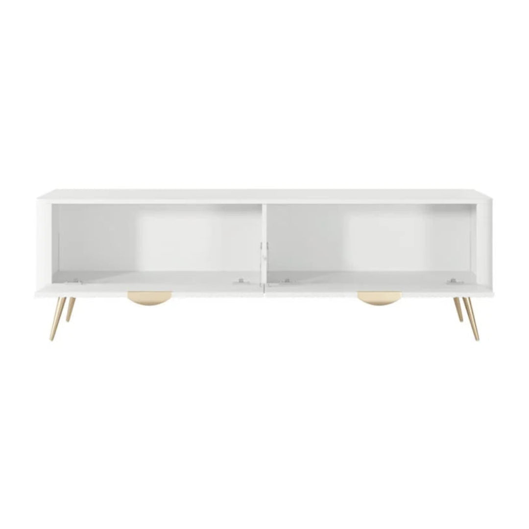 White wall-mounted shelf with gold legs on a white background