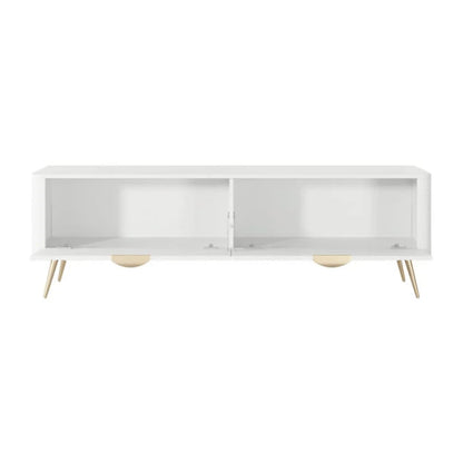 White wall-mounted shelf with gold legs on a white background