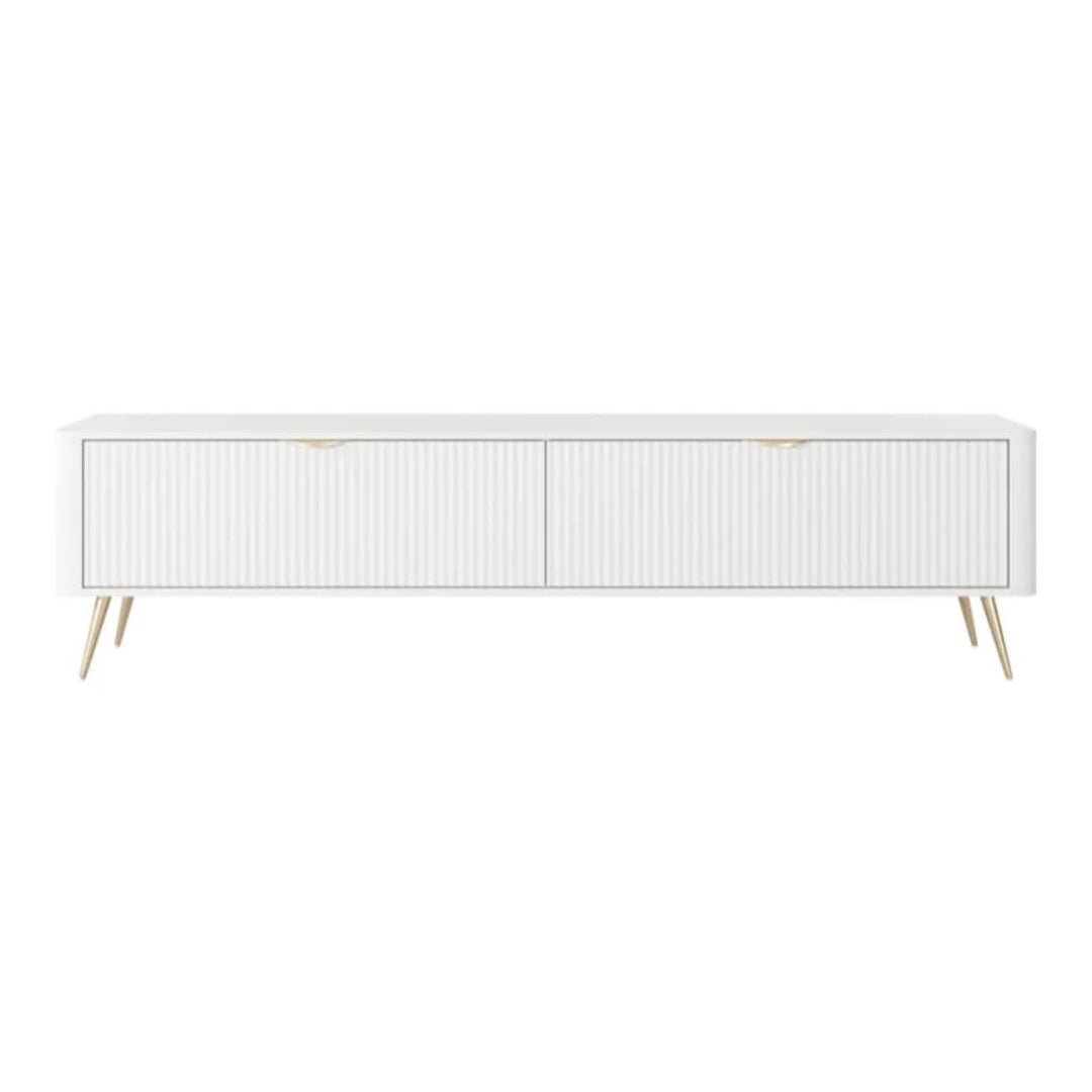 White sideboard with wooden legs on a white background