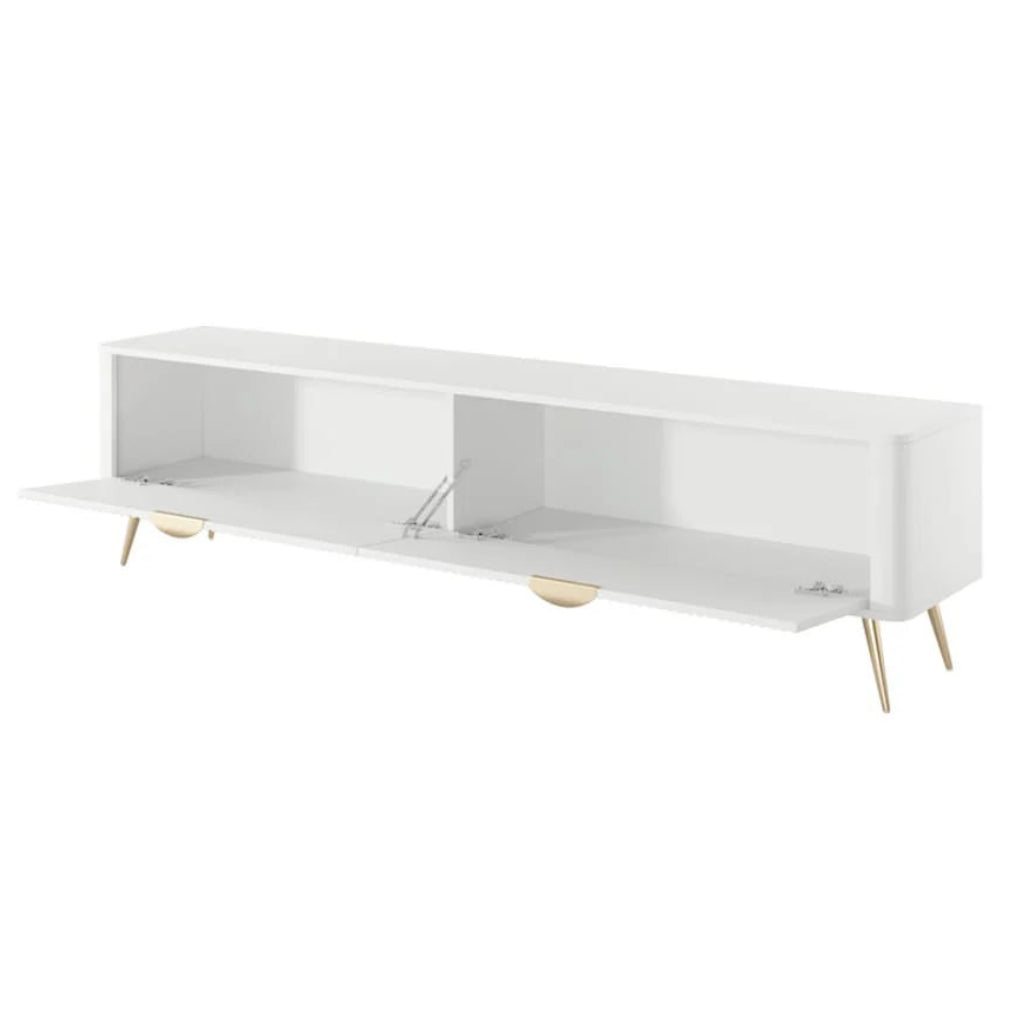 White TV stand with gold legs on a white background