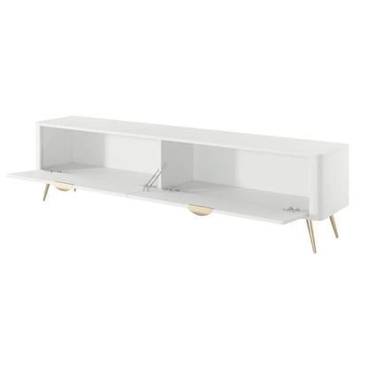 White TV stand with gold legs on a white background