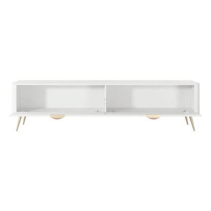 White entertainment console with gold legs on a white background