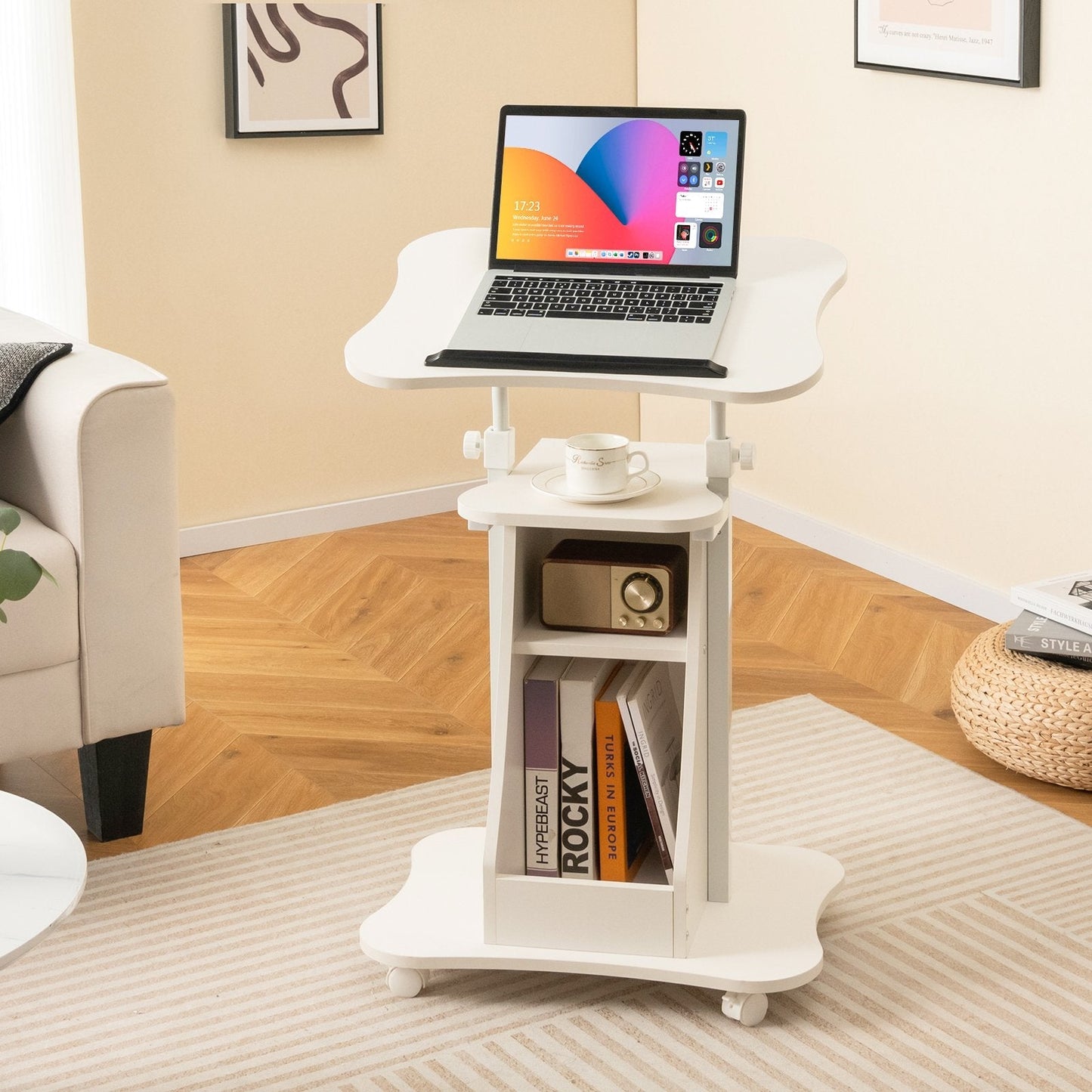 Laptop Cart Height Adjustable with Wheels-White