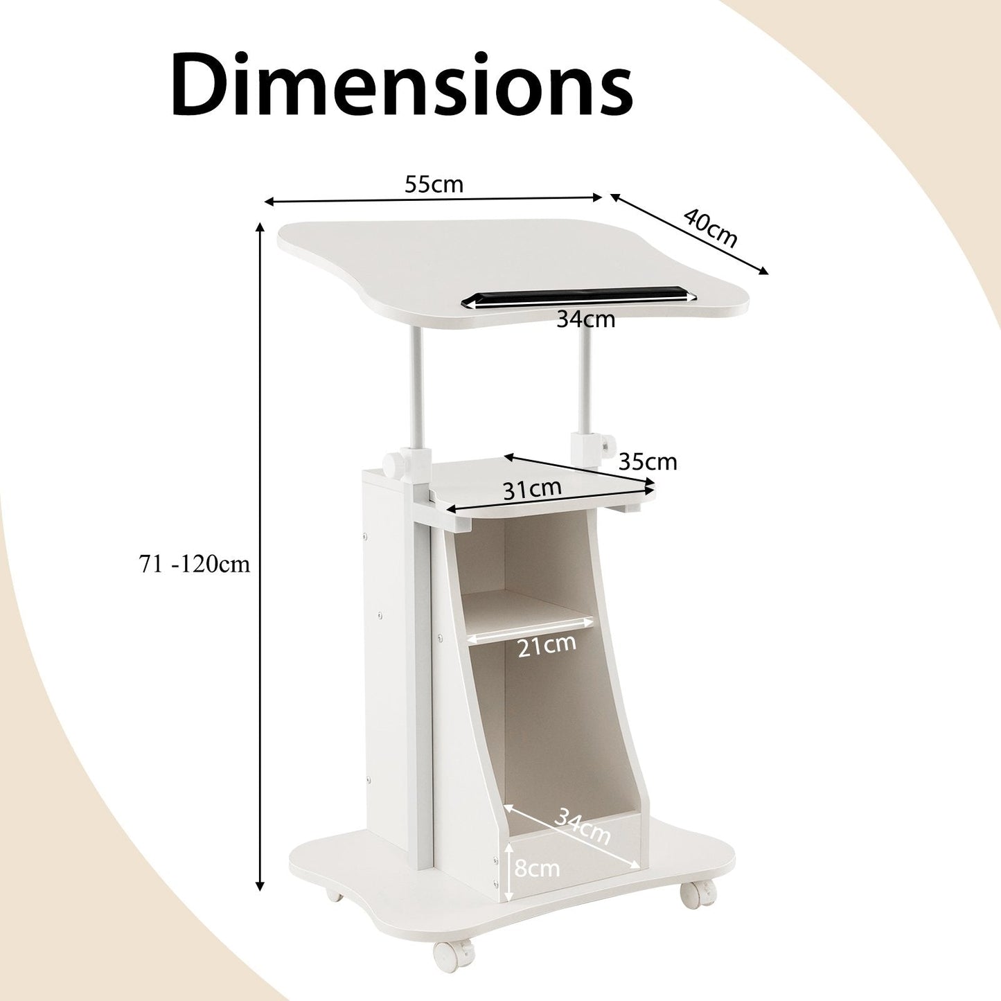 Laptop Cart Height Adjustable with Wheels-White