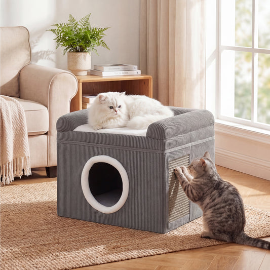 Large Cat Cave with Cozy Condo Sisal Scratching Mat and Anti-Slip Bottom-Grey