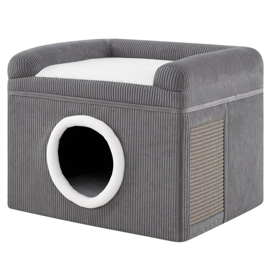 Large Cat Cave with Cozy Condo Sisal Scratching Mat and Anti-Slip Bottom-Grey