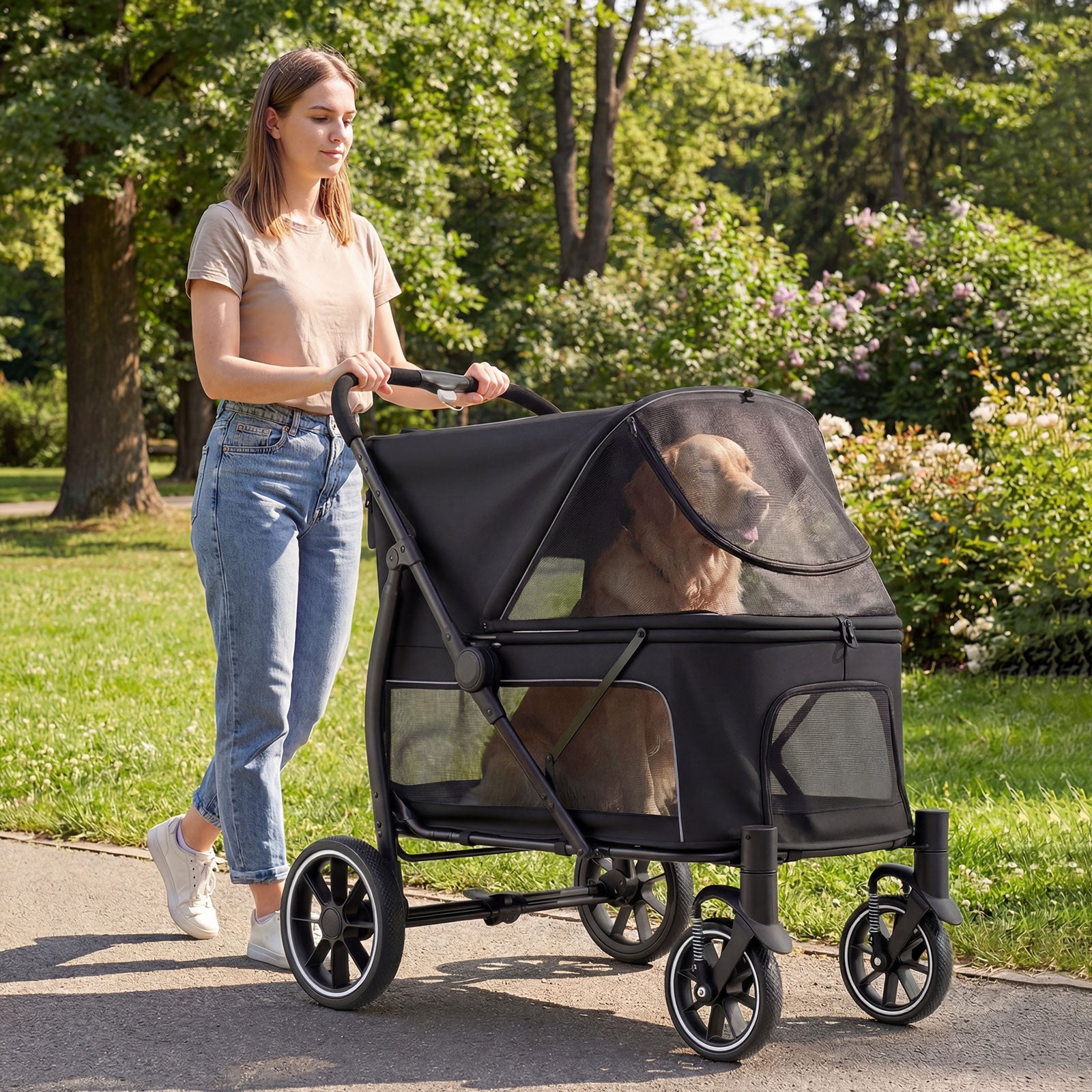 Large Dog Stroller with All-terrain Wheels and Adjustable Mesh Canopy-Black
