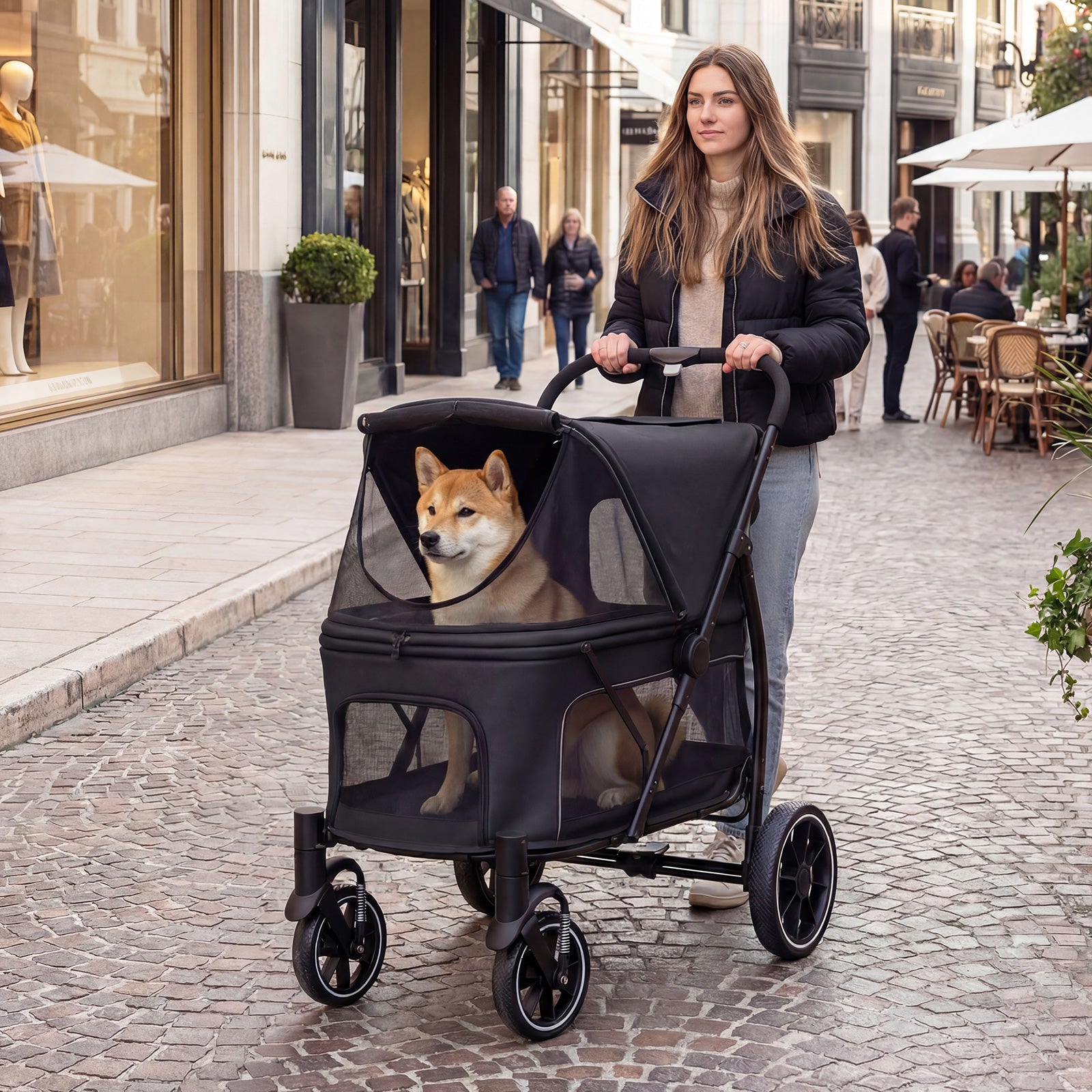 Large Dog Stroller with All-terrain Wheels and Adjustable Mesh Canopy-Black