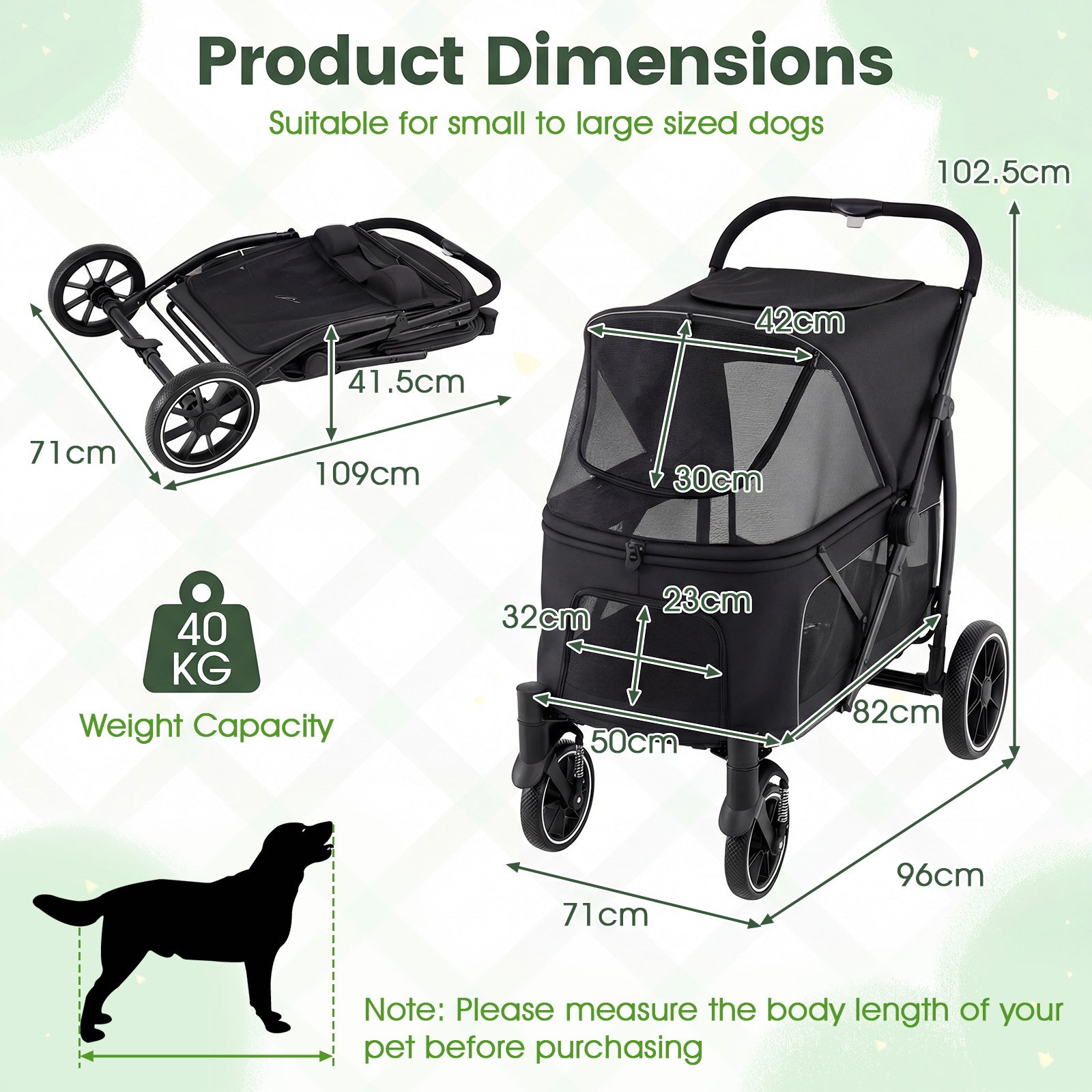 Large Dog Stroller with All-terrain Wheels and Adjustable Mesh Canopy-Black