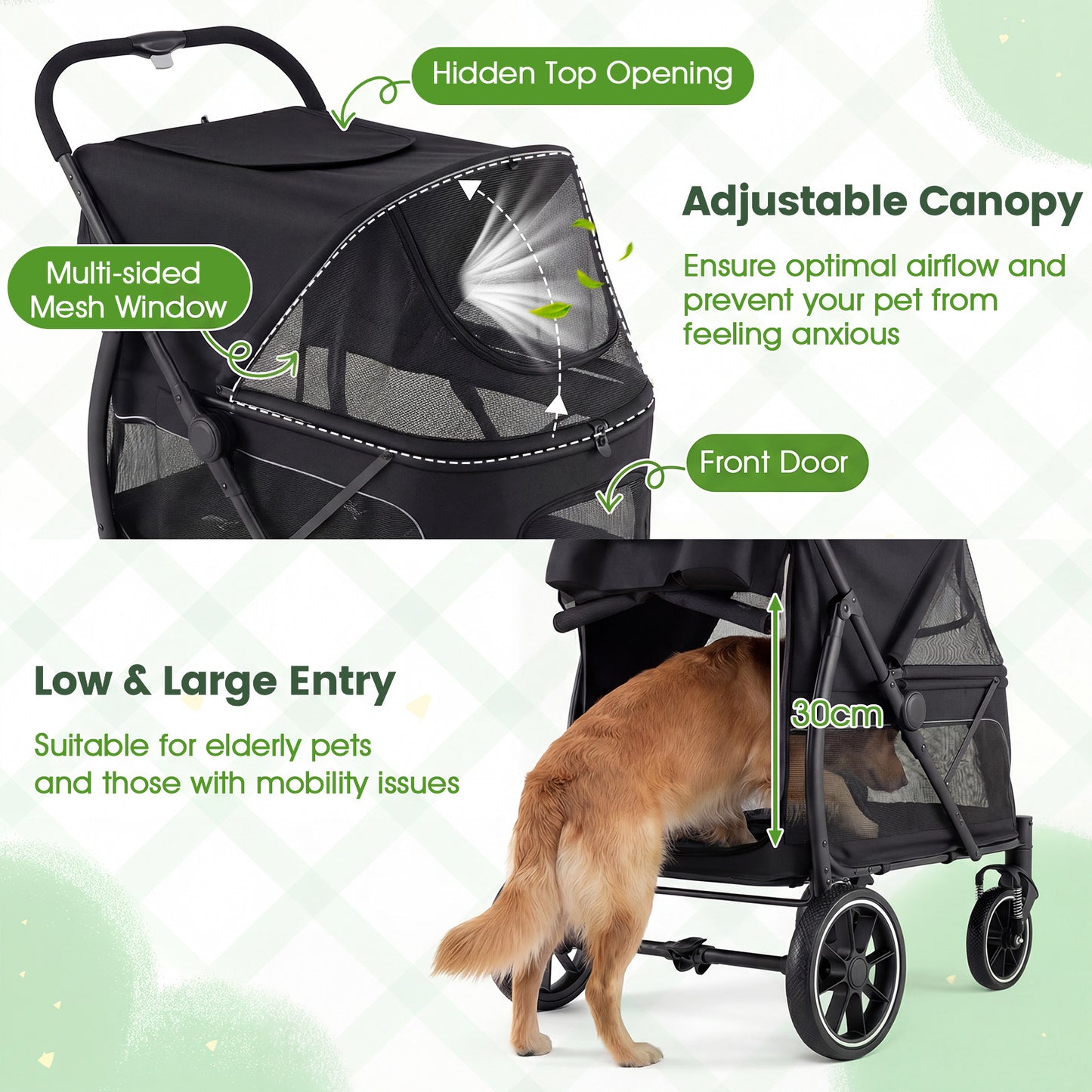 Large Dog Stroller with All-terrain Wheels and Adjustable Mesh Canopy-Black