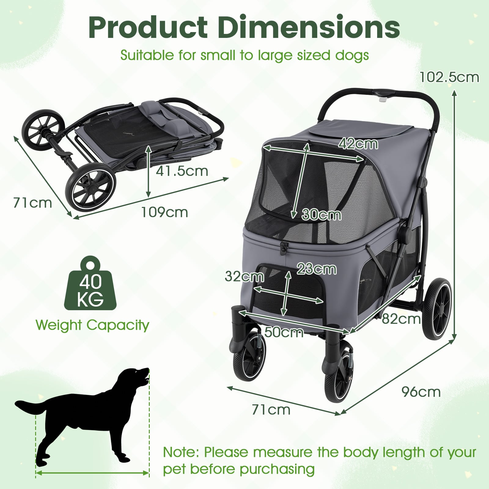 Large Dog Stroller with All-terrain Wheels and Adjustable Mesh Canopy-Grey