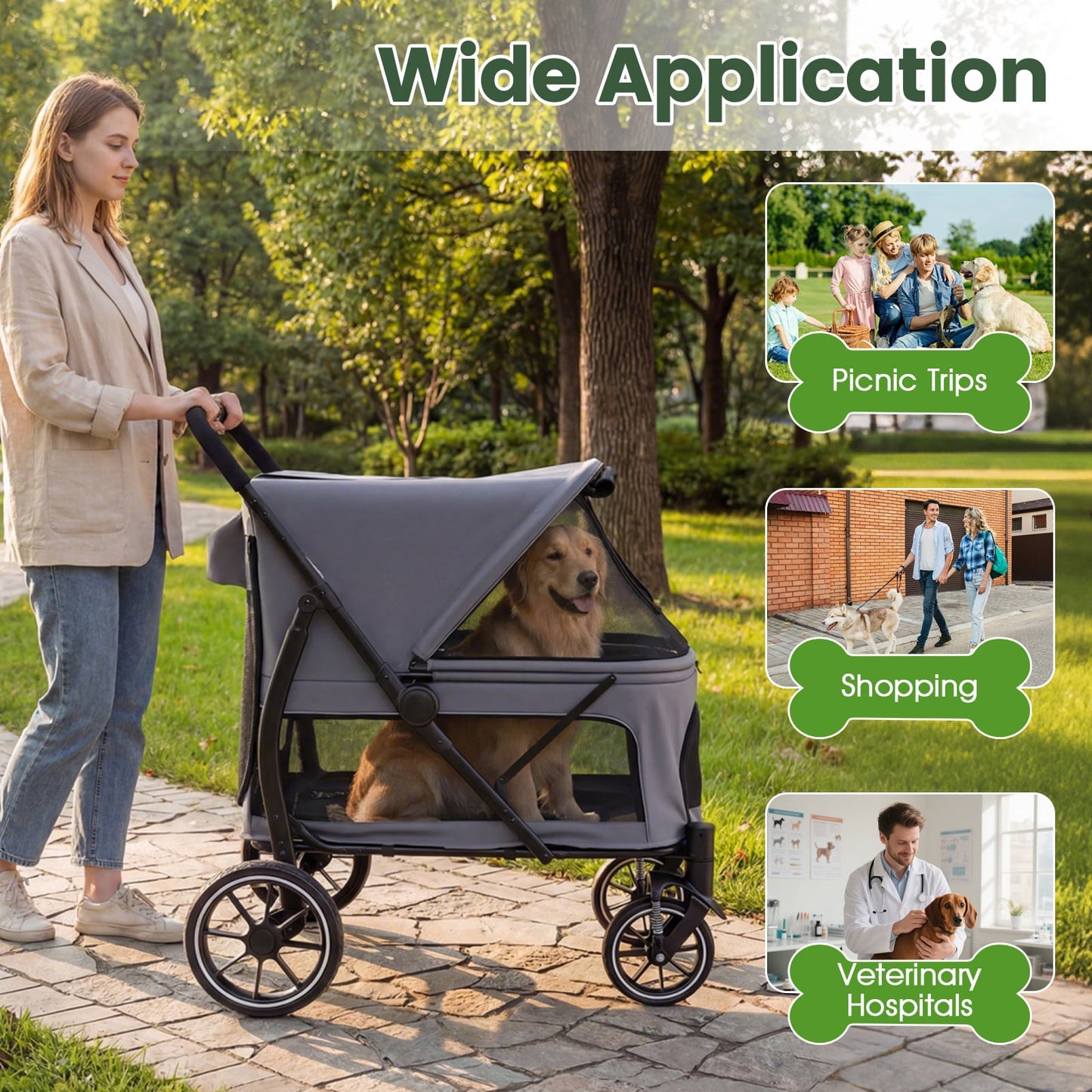 Large Dog Stroller with All-terrain Wheels and Adjustable Mesh Canopy-Grey