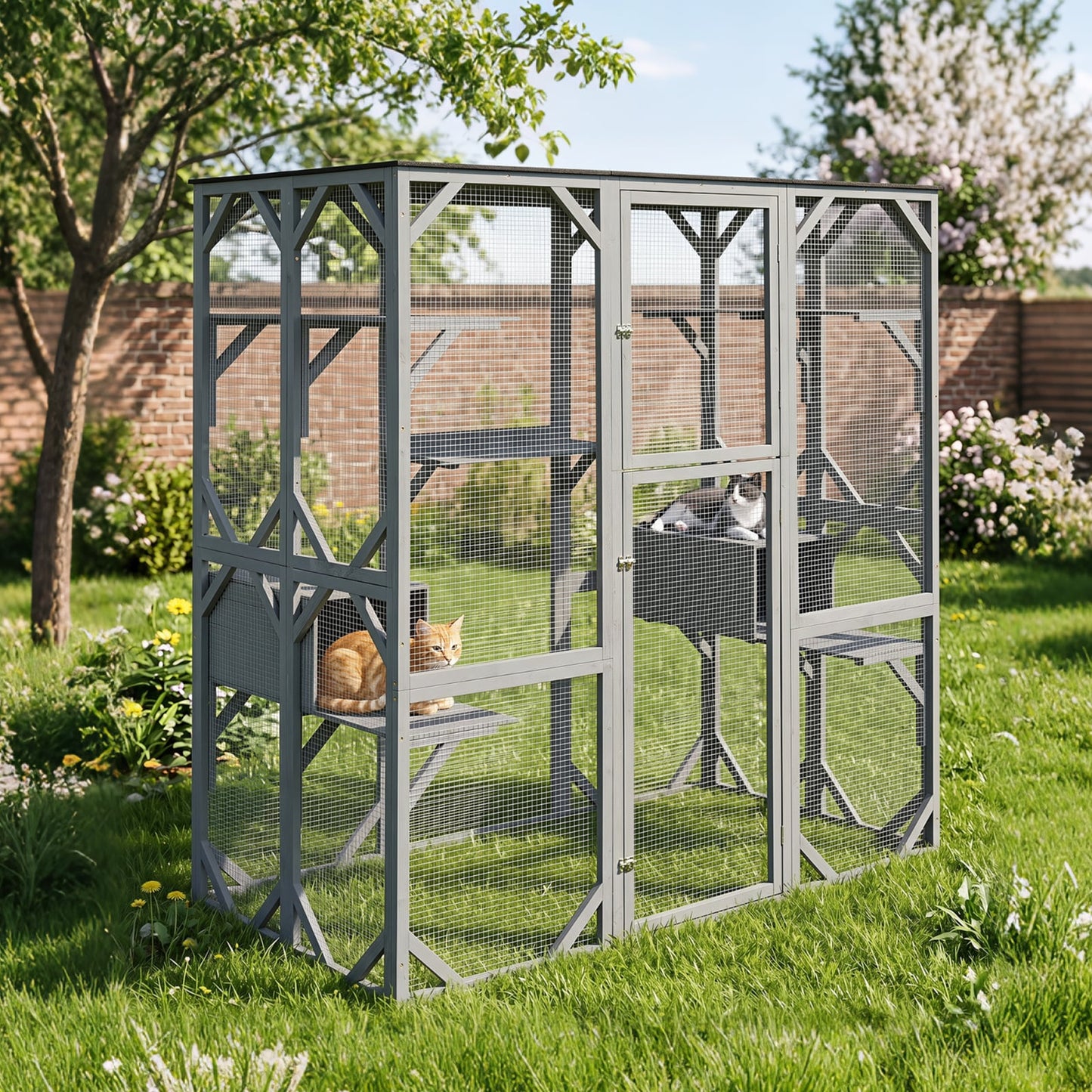 Large Fir Wood Outdoor Cat Enclosure with 2 Napping Houses-Grey