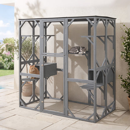 Large Fir Wood Outdoor Cat Enclosure with 2 Napping Houses-Grey