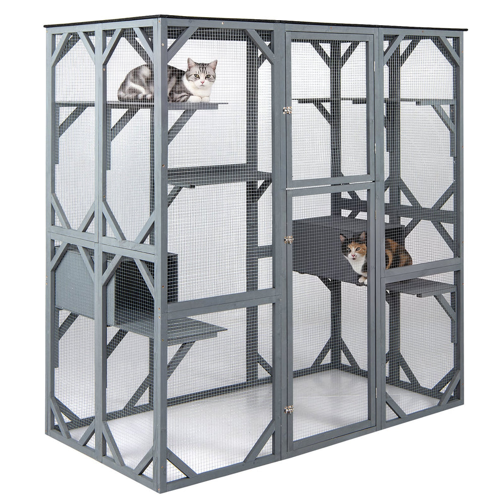 Large Fir Wood Outdoor Cat Enclosure with 2 Napping Houses-Grey