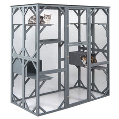 Large Fir Wood Outdoor Cat Enclosure with 2 Napping Houses-Grey