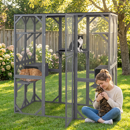 Large Fir Wood Outdoor Cat Enclosure with 2 Napping Houses-Grey