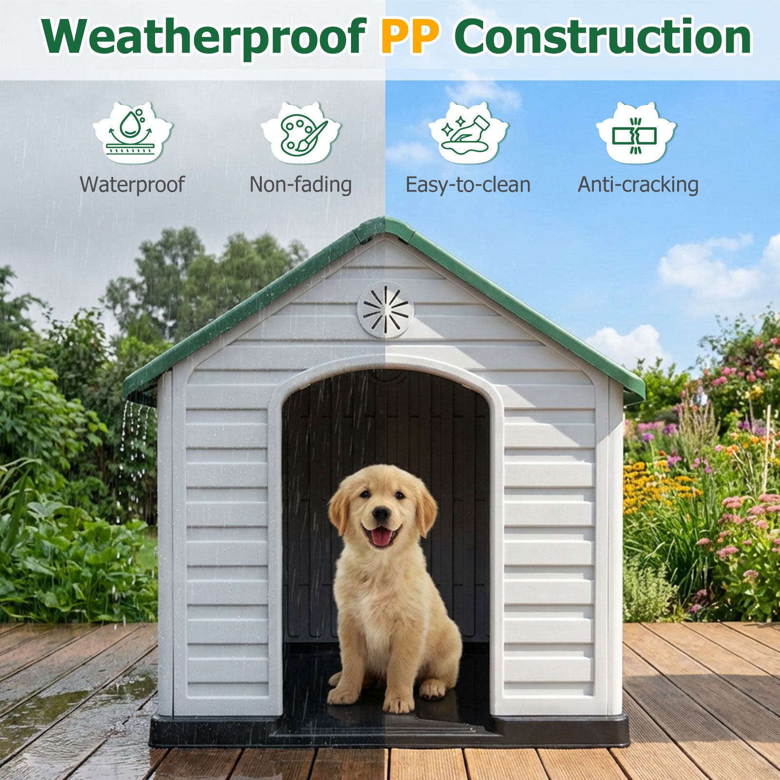Large Plastic Dog House Waterproof Pet Shelter with Air Vents-Green