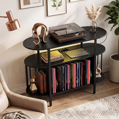 Large Record Player Stand w/LED Lights Charging Station & Display Shelves for Music Corner-Black