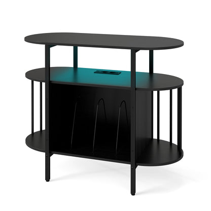 Large Record Player Stand w/LED Lights Charging Station & Display Shelves for Music Corner-Black