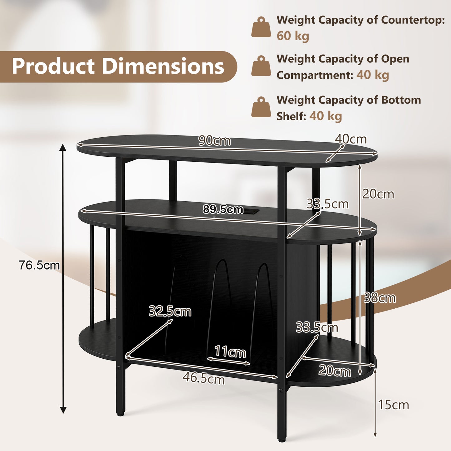 Large Record Player Stand w/LED Lights Charging Station & Display Shelves for Music Corner-Black