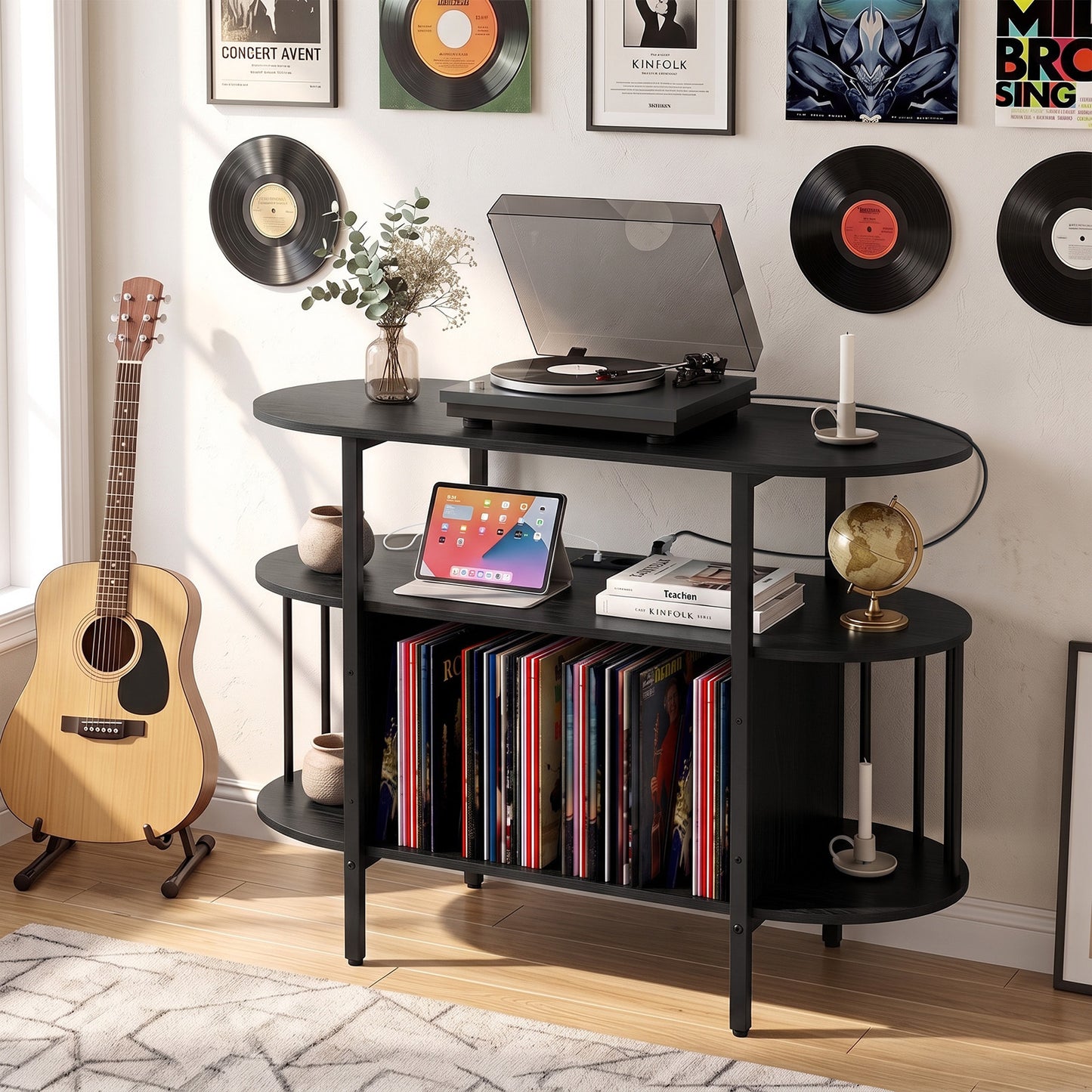 Large Record Player Stand w/LED Lights Charging Station & Display Shelves for Music Corner-Black