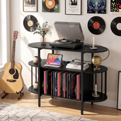 Large Record Player Stand w/LED Lights Charging Station & Display Shelves for Music Corner-Black