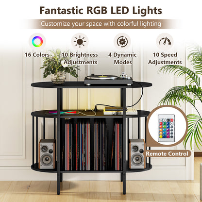 Large Record Player Stand w/LED Lights Charging Station & Display Shelves for Music Corner-Black