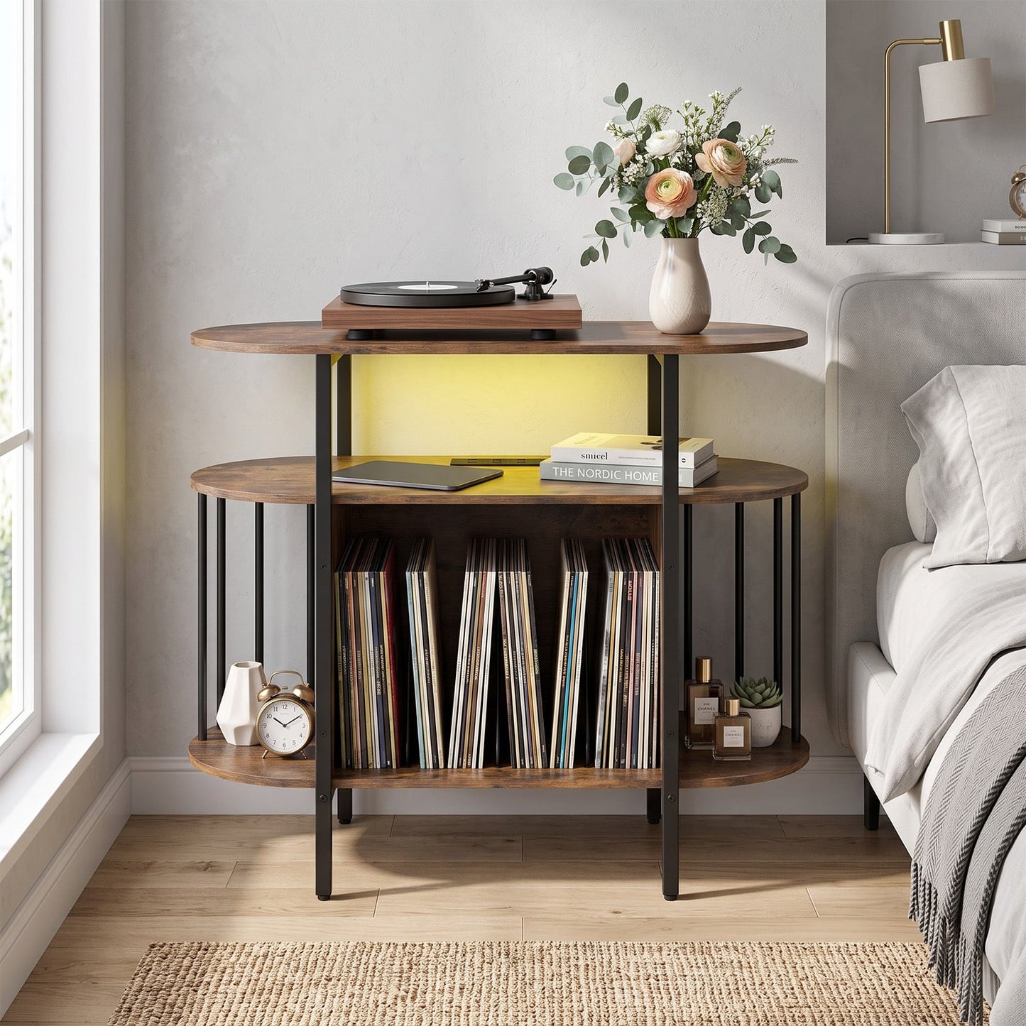 Large Record Player Stand w/LED Lights Charging Station & Display Shelves for Music Corner-Rustic Brown