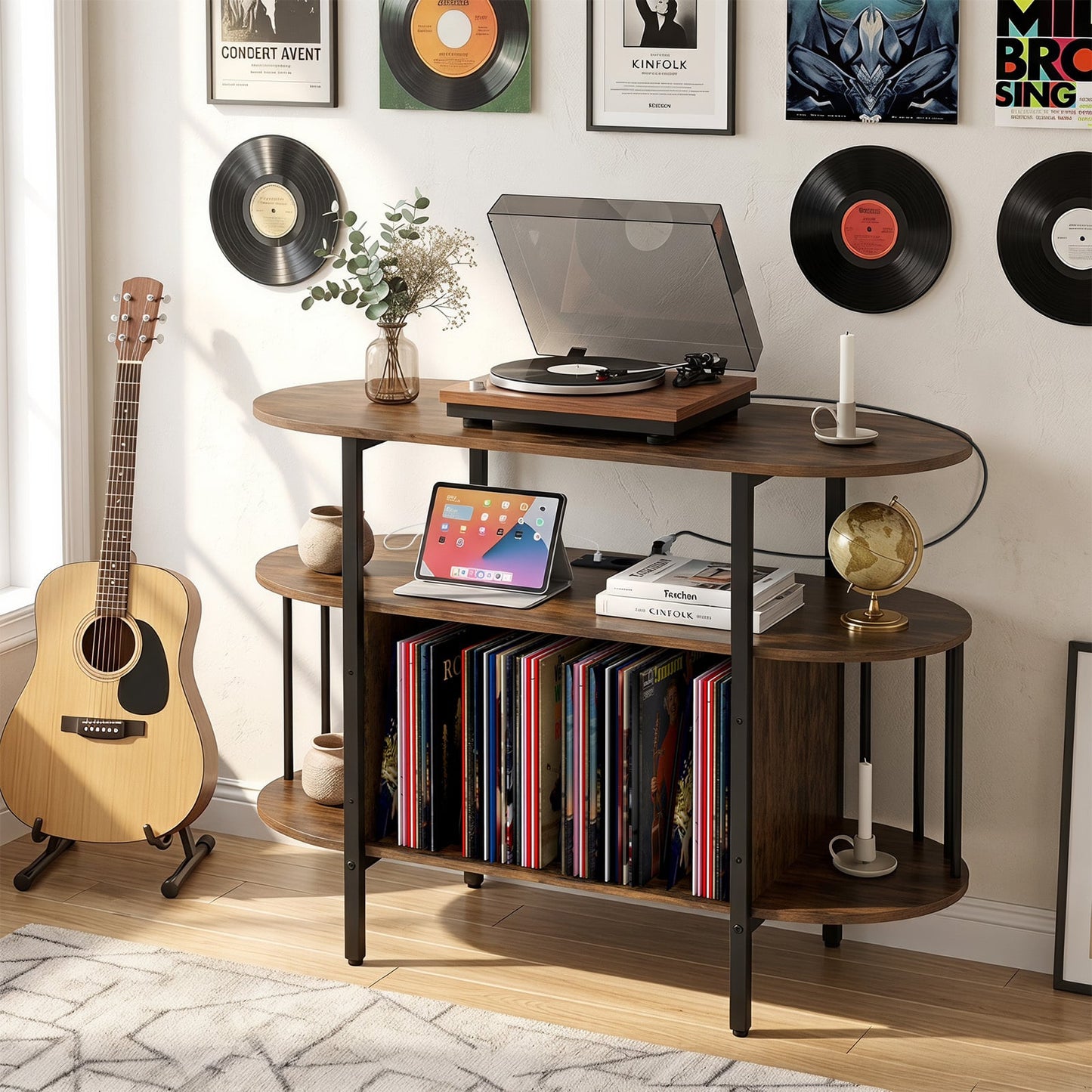 Large Record Player Stand w/LED Lights Charging Station & Display Shelves for Music Corner-Rustic Brown