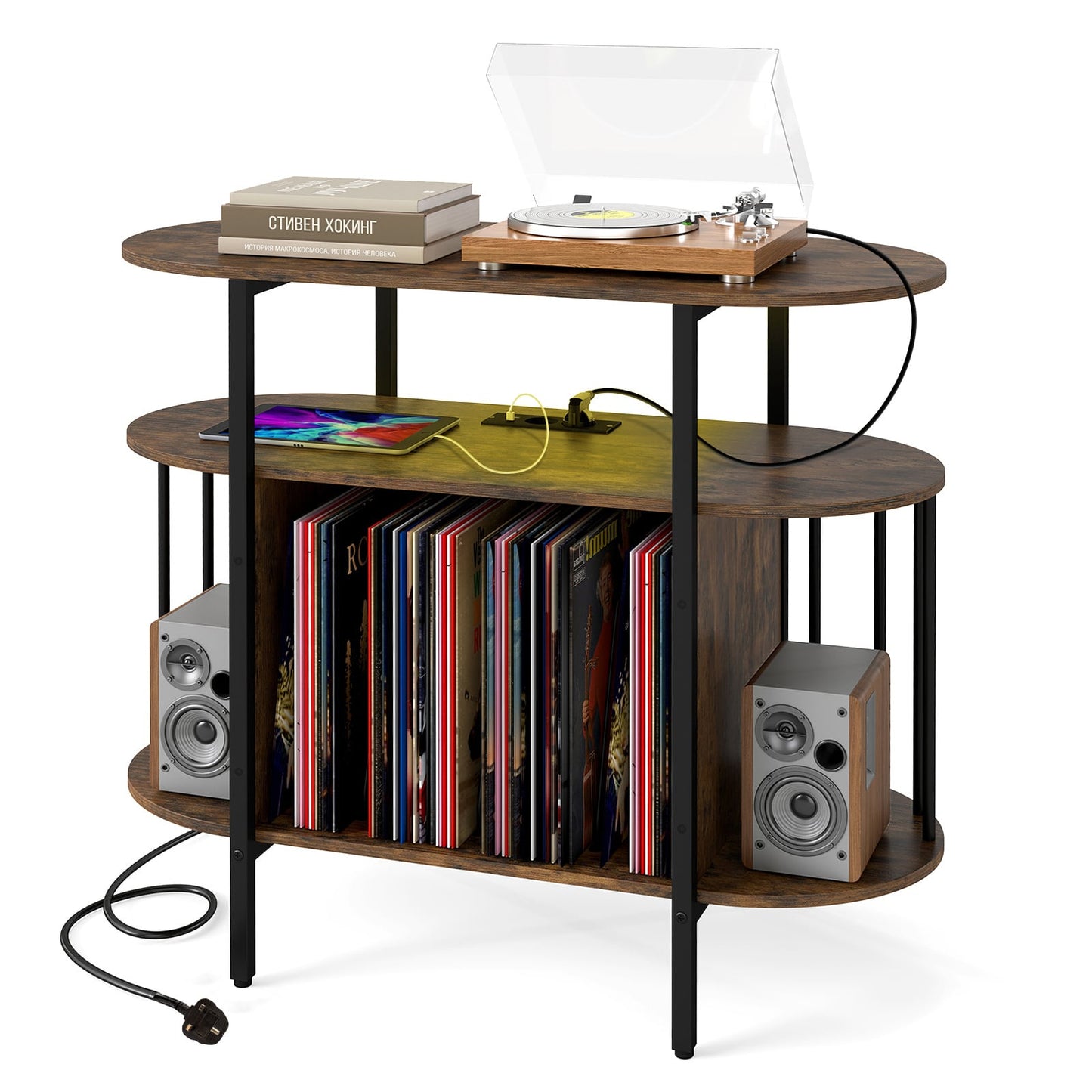 Large Record Player Stand w/LED Lights Charging Station & Display Shelves for Music Corner-Rustic Brown