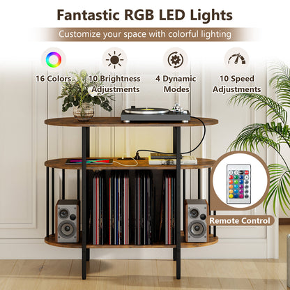 Large Record Player Stand w/LED Lights Charging Station & Display Shelves for Music Corner-Rustic Brown