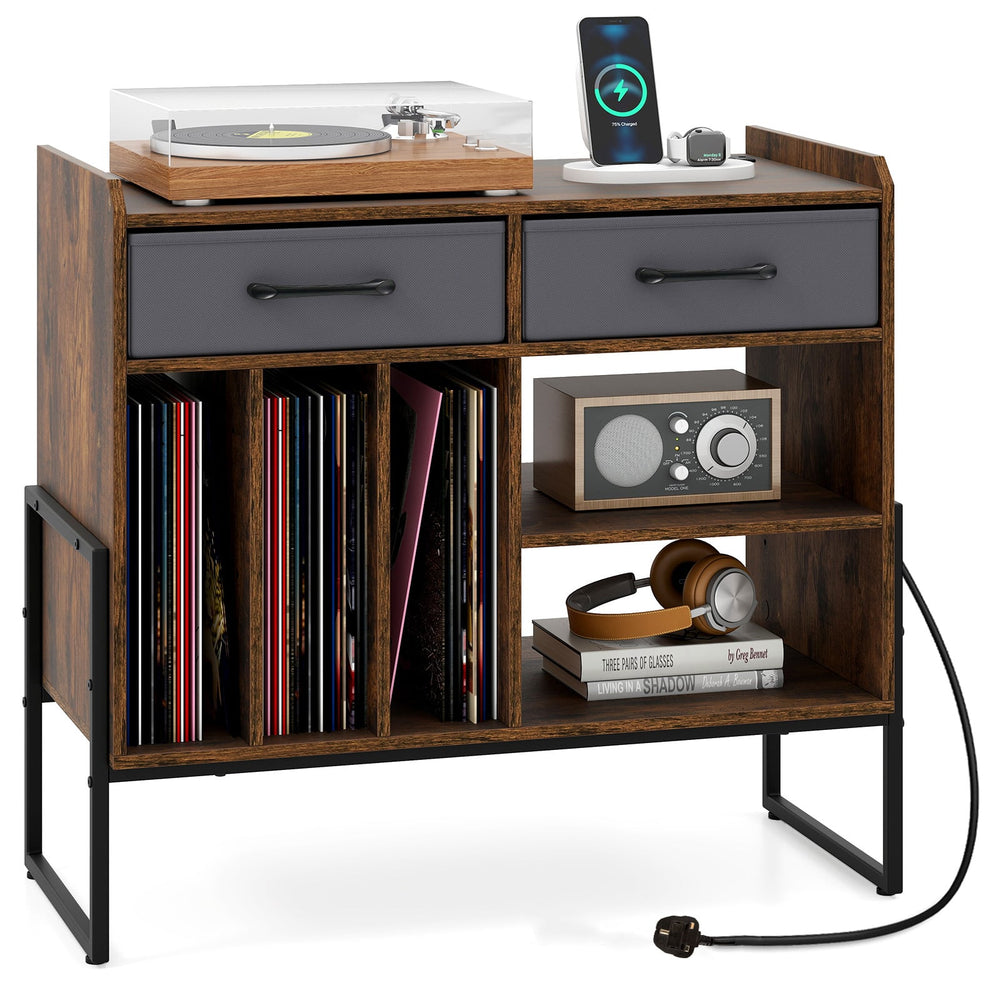 Large Record Player Stand with Charging Station Mid Century Modern Vinyl Storage Cabinet-Rustic Brown