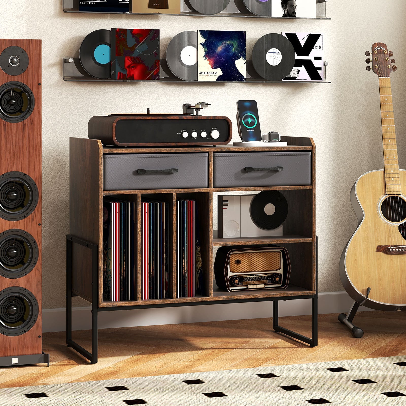 Large Record Player Stand with Charging Station Mid Century Modern Vinyl Storage Cabinet-Rustic Brown