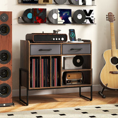Large Record Player Stand with Charging Station Mid Century Modern Vinyl Storage Cabinet-Rustic Brown