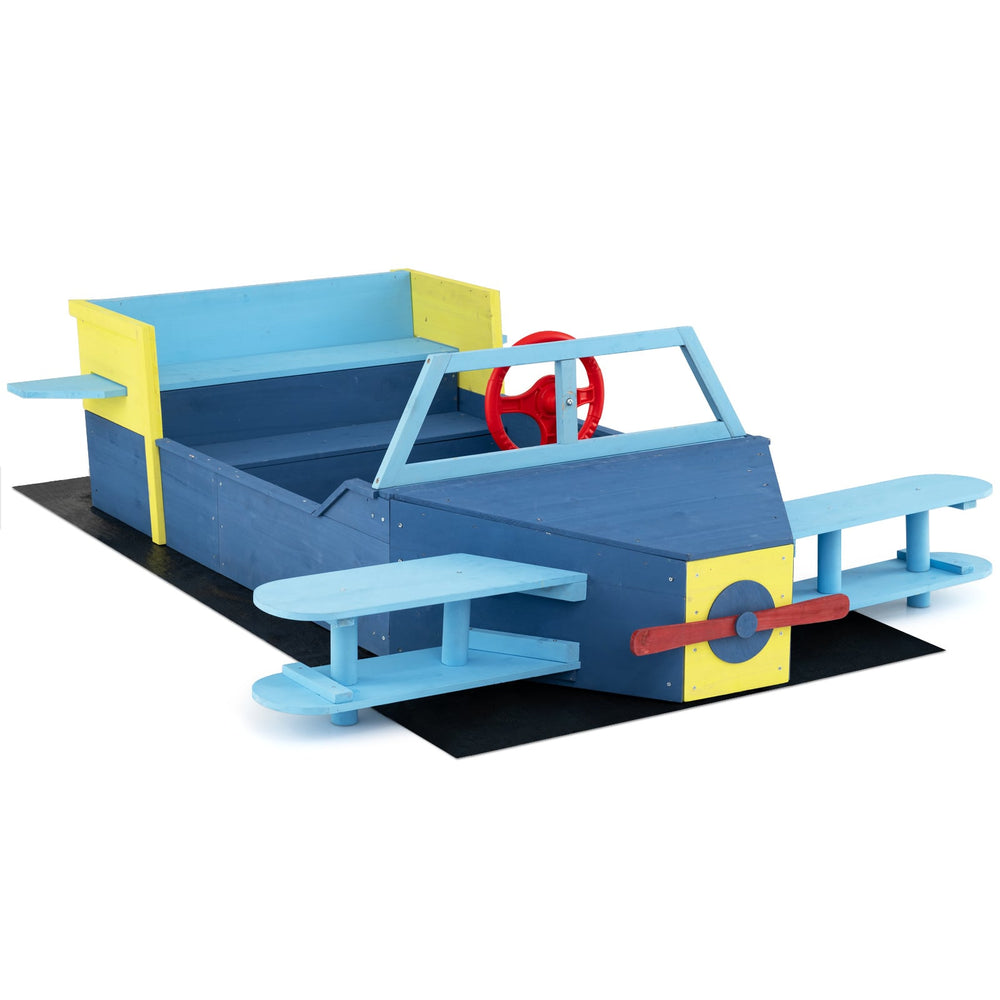 Large Wooden Kids Sandbox with Bottom Liner and Bench Seat-Blue