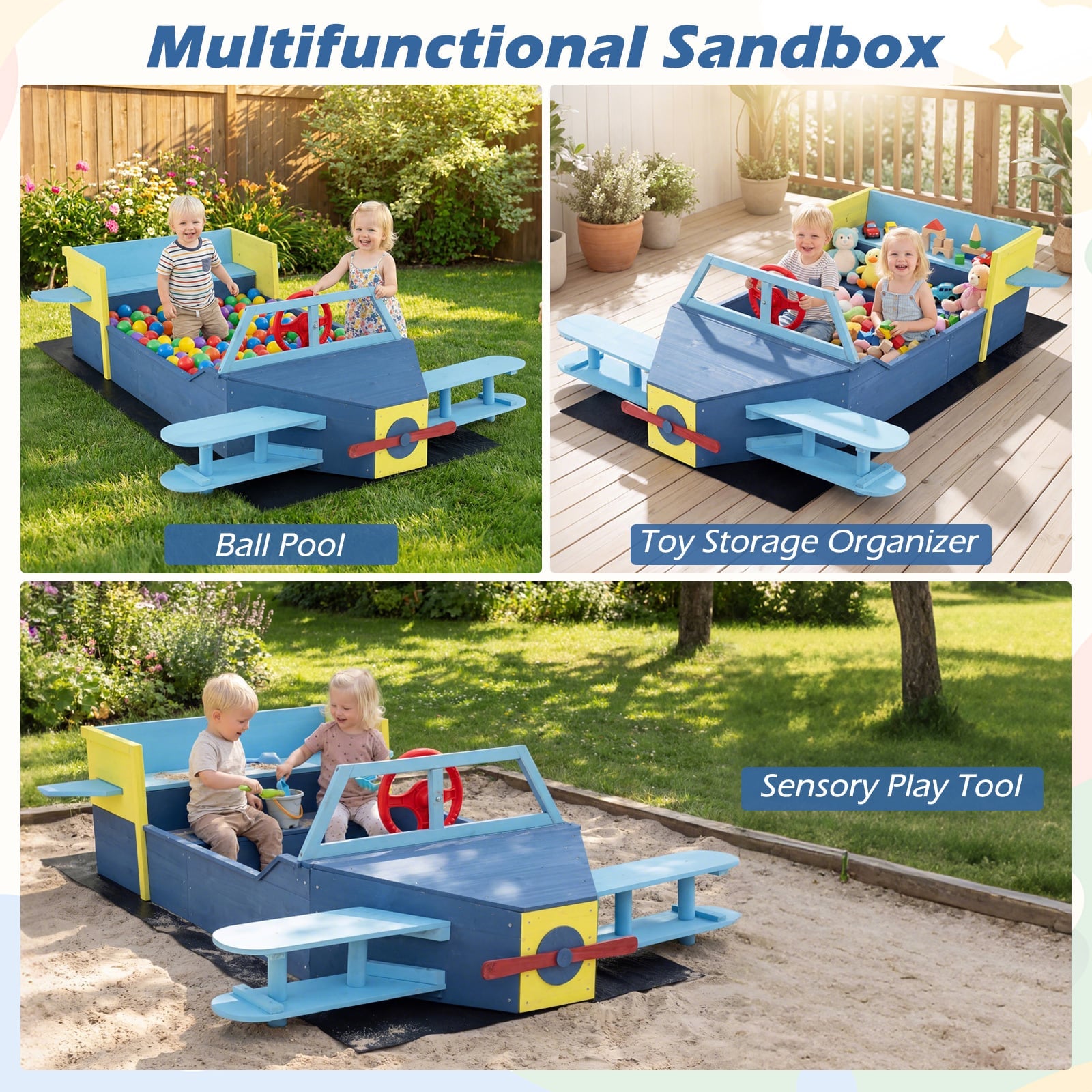 Large Wooden Kids Sandbox with Bottom Liner and Bench Seat-Blue