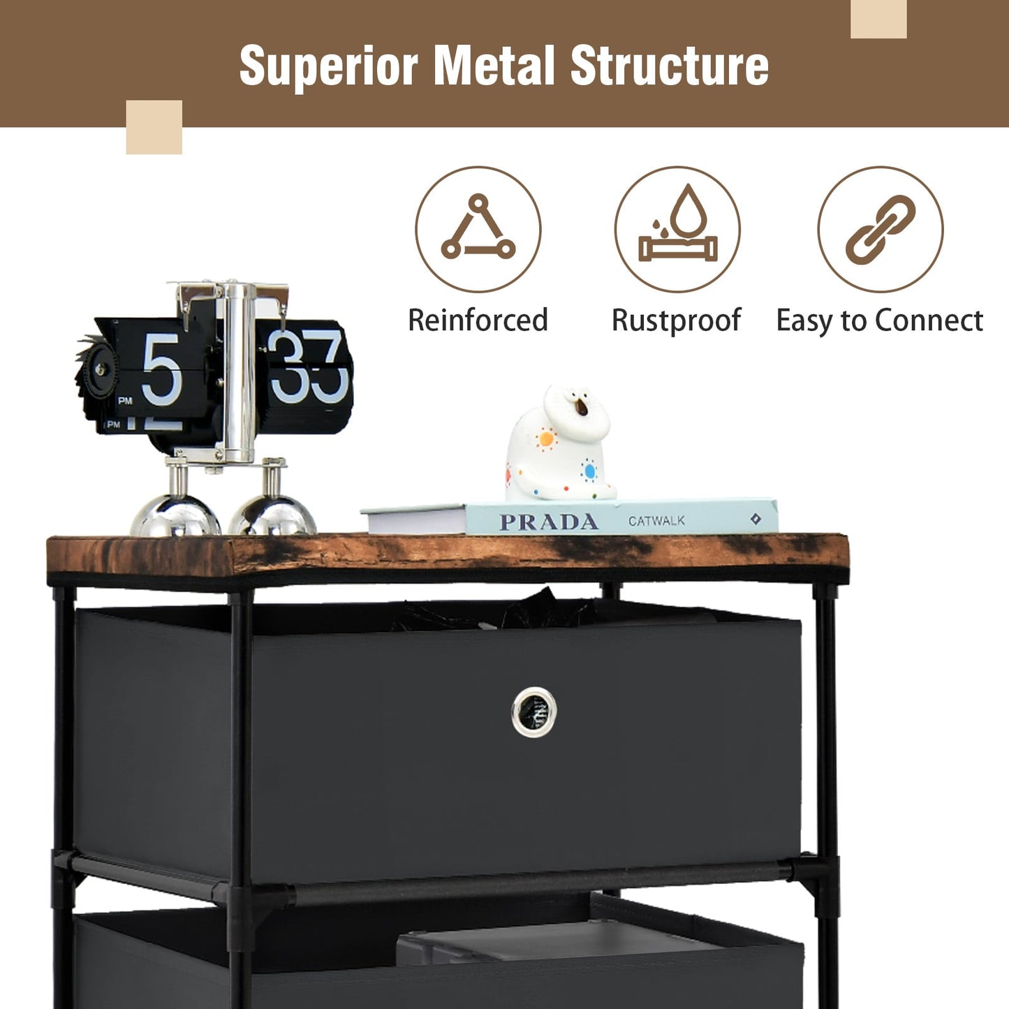 4-Tier Fabric Dresser with Drawers and Metal Frame-Black