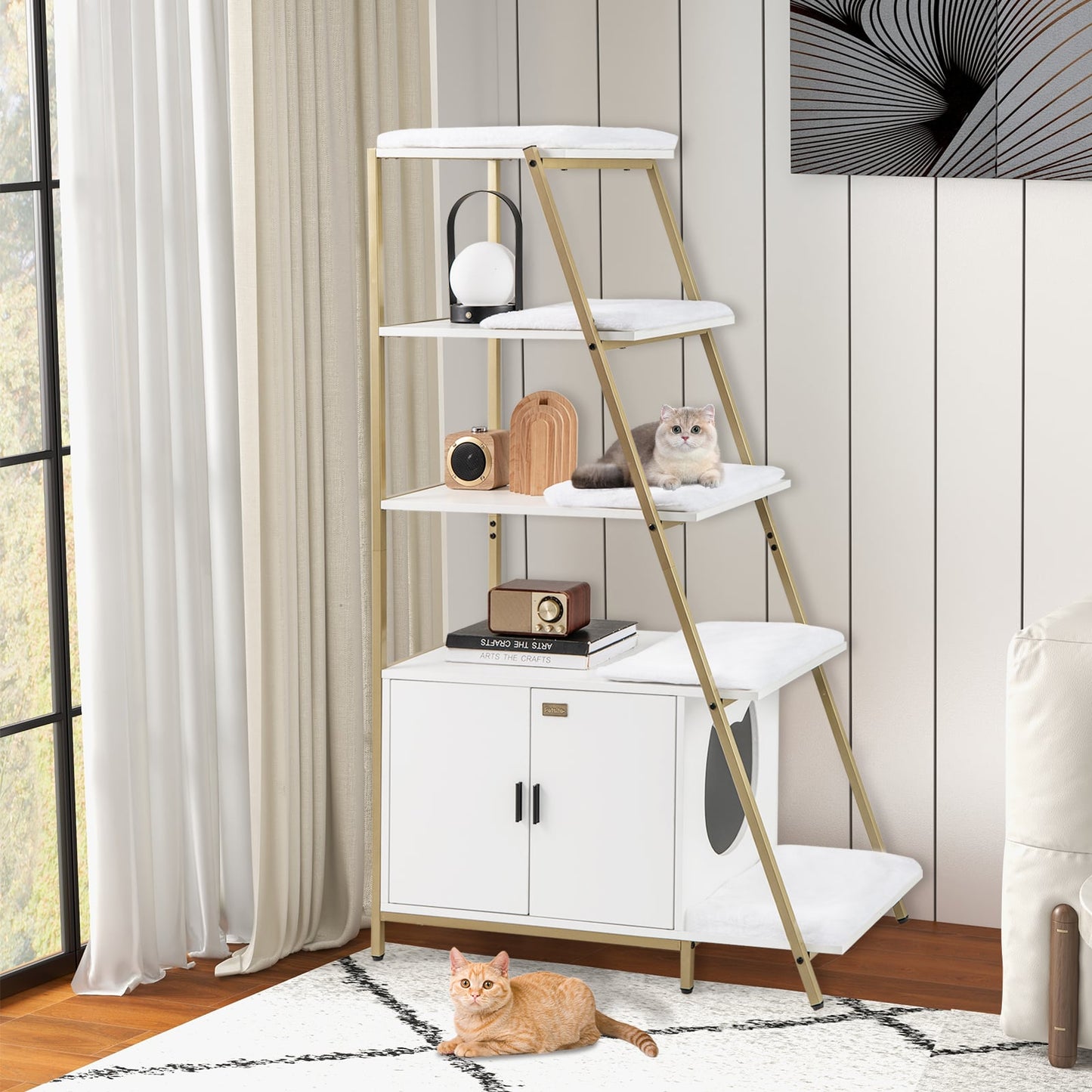 Large Cat Litter Box Enclosure with Storage and Removable Plush Mats-White